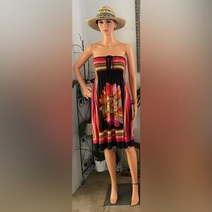 NEW Strapless Black Floral Sun Dress with Pink & Orange multi color Accents